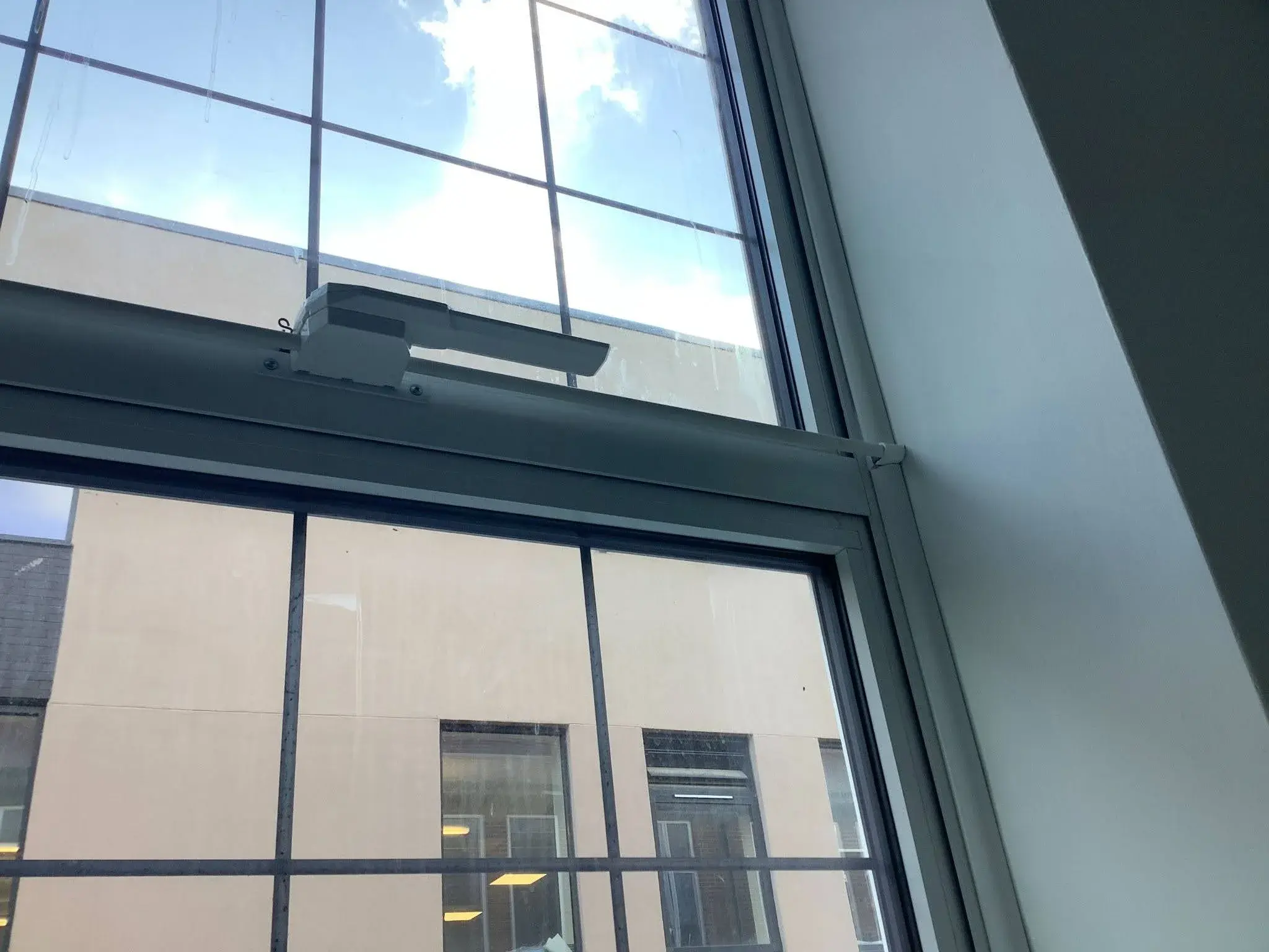 A curtain glazing system being used in a commercial project. 